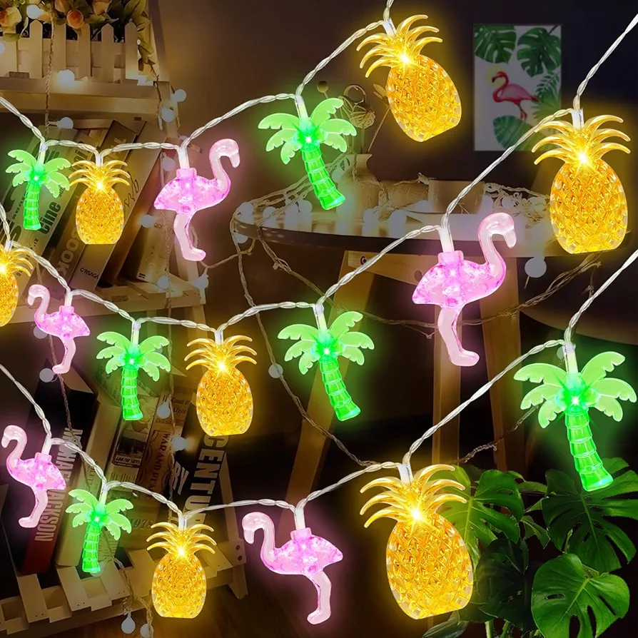 Couah [ 8 Modes & Timer ] 30 LED 16Ft Summer Tropical Beach Hawaiian String Lights Tropical Flamingo Pineapple Palm Tree Fairy Lights Battery Operated for Tropical Party Pool Beach Summer Decorations