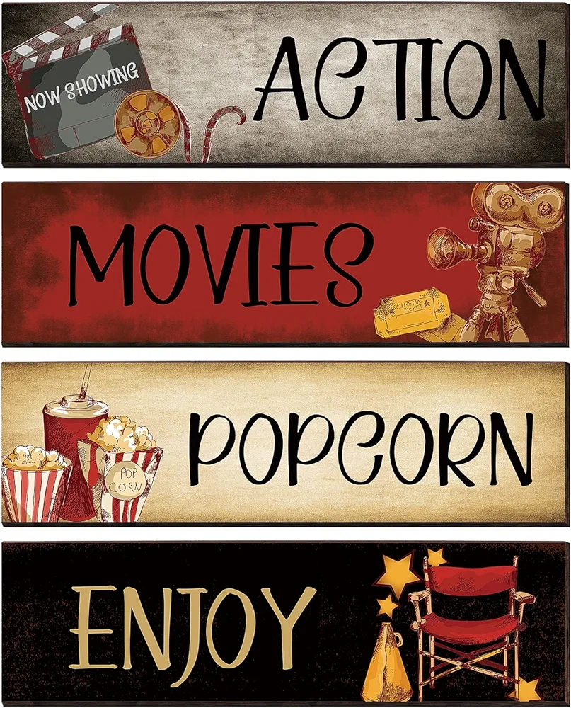 Movie Theater Decor 4 Pieces Wooden Home Theater Decor Vintage Movie Theater Decor for Home Popcorn Enjoy Film Classic Decor Rustic Movie Room Wall Decor Media Room Wall Art, 11 x 3 Inches