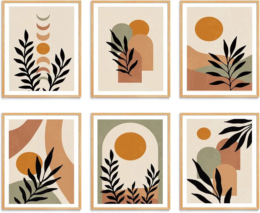 XBYGIMI Boho Wall Art Decor Prints Set of 6, Mid Century Modern Wall Pictures Leaf Sun Mountain Orange Beige Wall Painting, Minimalist Geometric Boho Wall Decor, Boho Posters for Bedroom Living Room