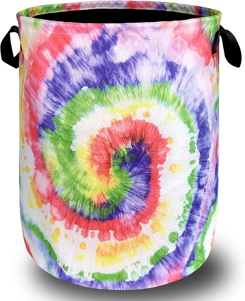 Tie Dye Laundry Hamper Rainbow Colorful Laundry Basket With Handles Foldable Oxford Funny Cloth Portable Tote Bag Men Women Kids Clothes Toy Storage Bucket 18.9x16.5 Inch For Bathroom/Laundry/Bedroom