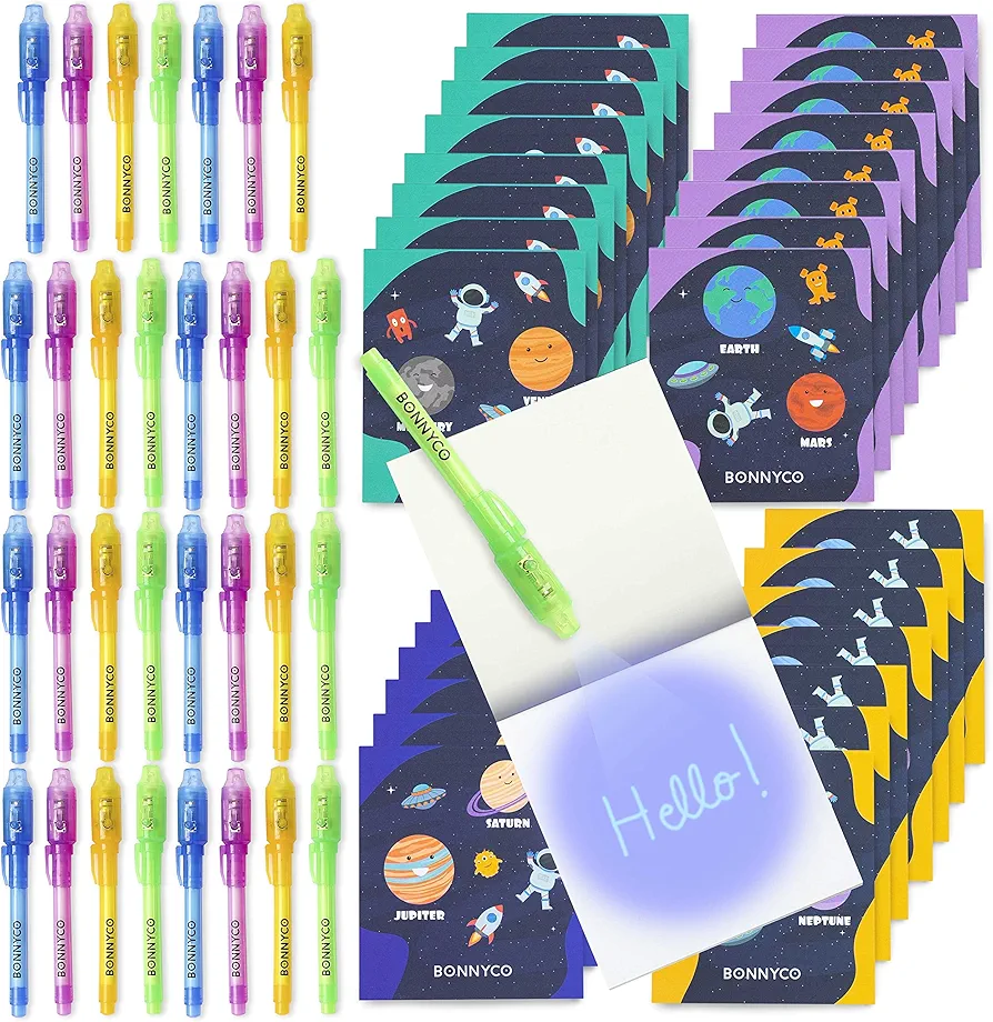 BONNYCO Invisible Ink Pen & Notebook Pack 32, Space Party Favors | Space Themed Party Favors for Kids Goodie Bags Stuffers Pinata Stuffers Classroom Prizes Return Gifts for Kids Birthday Student Gifts