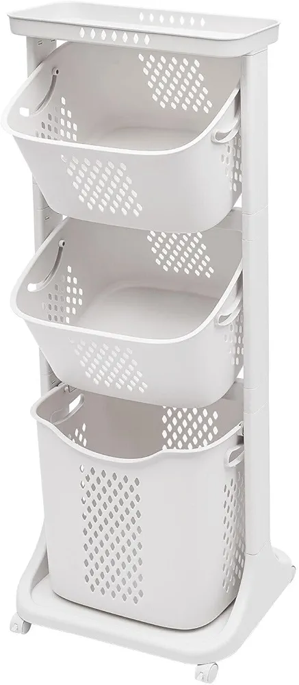 360° Rolling Laundry Basket 3 Tier Storage Shelf with Wheels Removable Storage Basket Freestanding Clothes Hamper Organizer for Bathroom Living Room Bedroom (white) For Dirty Clothes