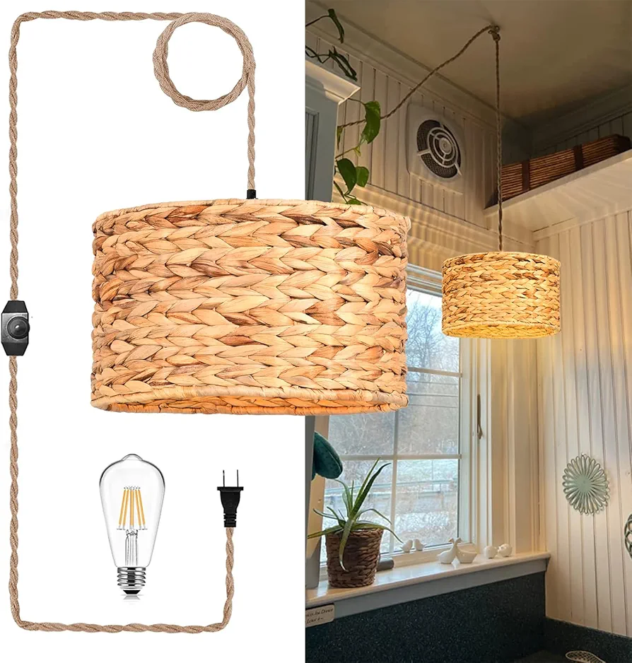 Rattan Plug in Pendant Light Boho Hanging Lights with Plug in Cord & Dimmable Switch,Indoor Hanging Lamp Plug in Hand Wicker Woven Lampshade for Living Room Bedroom Dinning Island