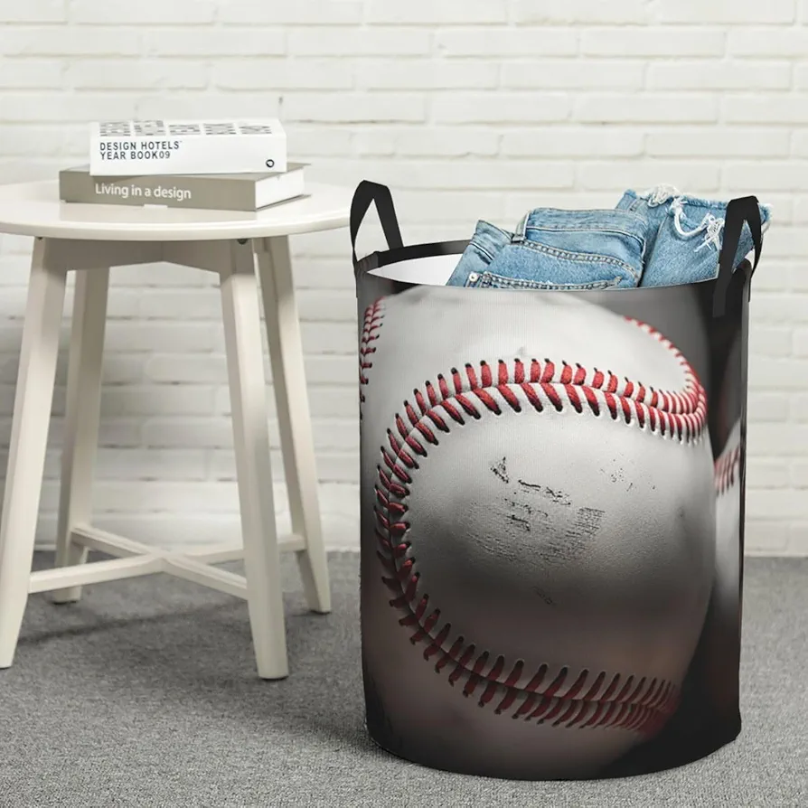 Laundry Basket Waterproof Laundry Hamper With Handles Dirty Clothes Organizer Cool Grey Baseball Print Protable Foldable Storage Bin Bag For Living Room Bedroom Playroom, Small, Black