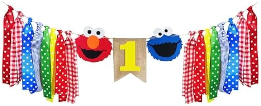 Sesame Cartoon Elmo High Chair Banner First Birthday Decorations Cookie monster 1st Birthday High Chair Banner For Girls Boys Sesame Birthday Party Supplies Décor