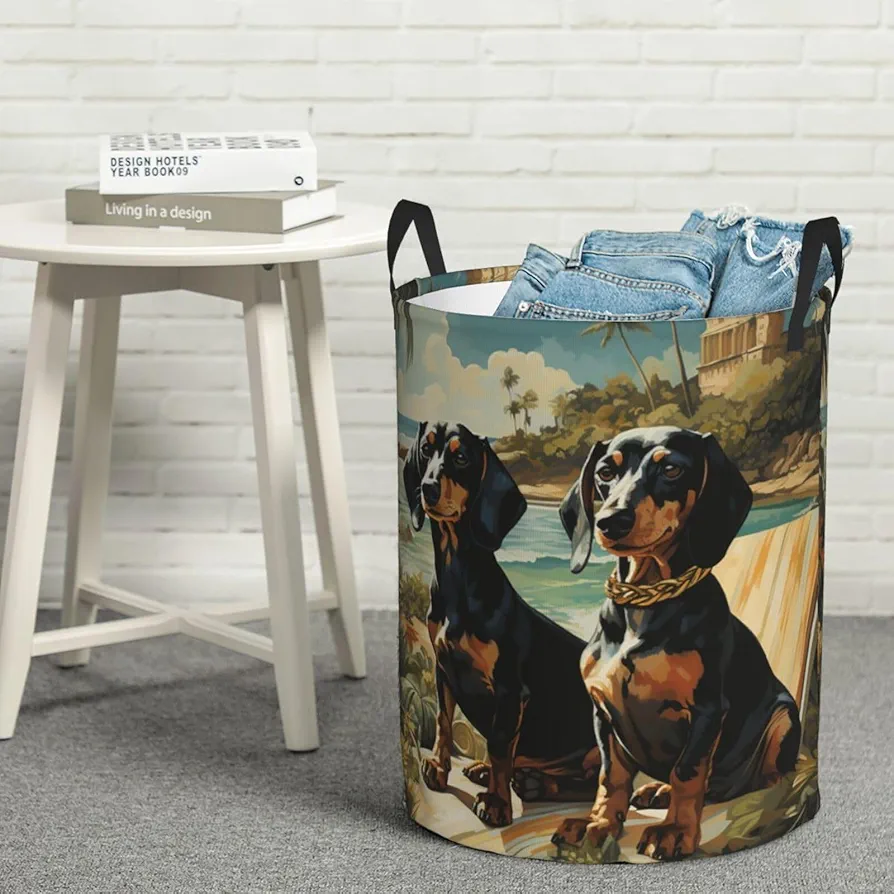 Laundry Basket Waterproof Laundry Hamper With Handles Dirty Clothes Organizer Dachshund Dog Bento Print Protable Foldable Storage Bin Bag For Living Room Bedroom Playroom, Medium, Black