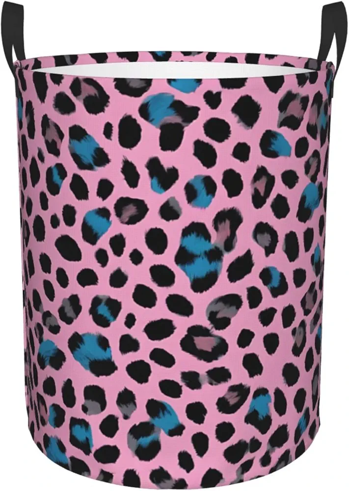 Laundry Baskets with Handles Waterproof Small inches Storage Basket, Collapsible Laundry Hampers, Laundry Room Organization & Apartment Essentials - Cute Turquoise Leopard