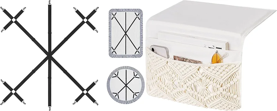 Mkono Macrame Bedside Caddy Storage Organizer and Bed Sheet Holder Straps, Boho Tablet Magazine Holder, Adjustable Elastic Fastener Keep Sheets for Home Bedroom Living Room College Dorm Bed