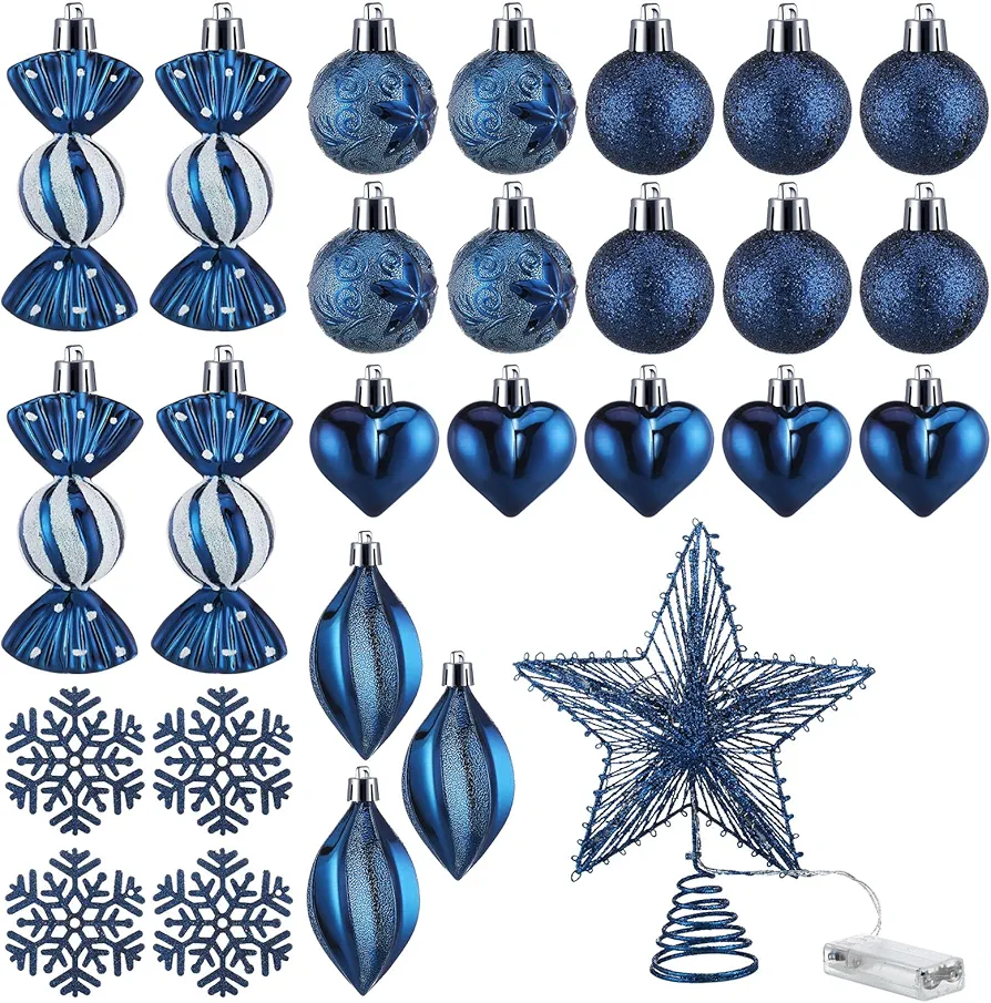 27 Pieces Blue Christmas Tree Decorations Set 26 Hanging Xmas Tree Ornaments and 3D Hollowed out Glitter Star Tree Topper for Winter Holiday Christmas Tree Decor Supplies, 7.9 x 9.8 Inch