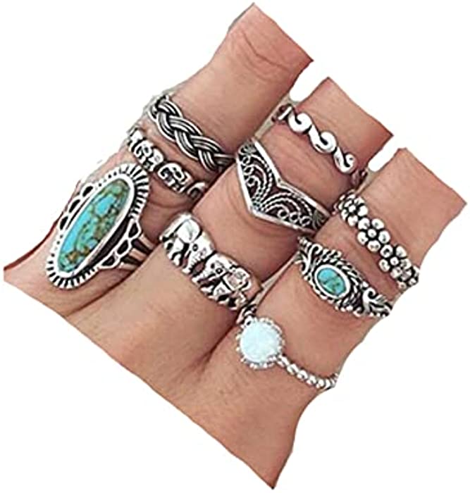 Cathercing 9 Pcs Turquoise Ring Set for Women Knuckle Vintage Rings Pack for Women Girls Bohemian Rings Silver Joint Knot Rings Set for Teens Halloween Party Daily Gift (style 3)