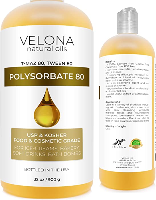 Polysorbate 80 by Velona - 32 oz | Solubilizer, Food & Cosmetic Grade | All Natural for Cooking, Skin Care and Bath Bombs, Sprays, Foam Maker | Use Today - Enjoy Results