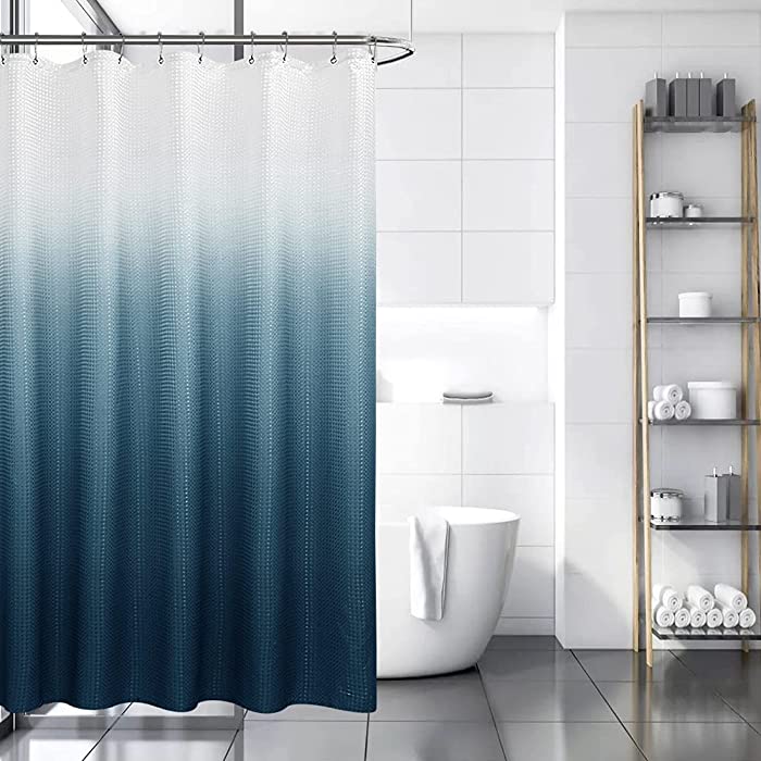 Navy Blue Shower Curtain for Bathroom, Waffle Textured Fabric Shower Curtain Set with 12 Hooks,Dark Blue Ombre, Bath Curtain for Shower,bathtubs,Hotel Quality, Washable,72x72, Navy Blue Gradient