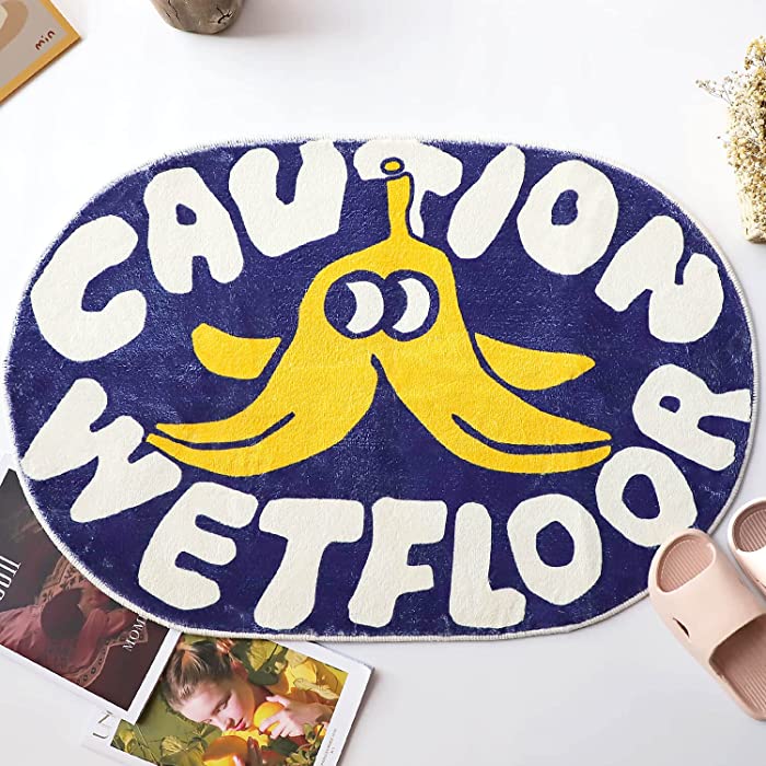 Blue Bathroom Carpet, Cartoon Bath Rug The Caution Wetfloor Bath Rug, Cute Oval Bath Mat, Interesting Bath Mat, Plush Absorbent Non-Slip Foot Mat, Washable, 23.6”x35.4”