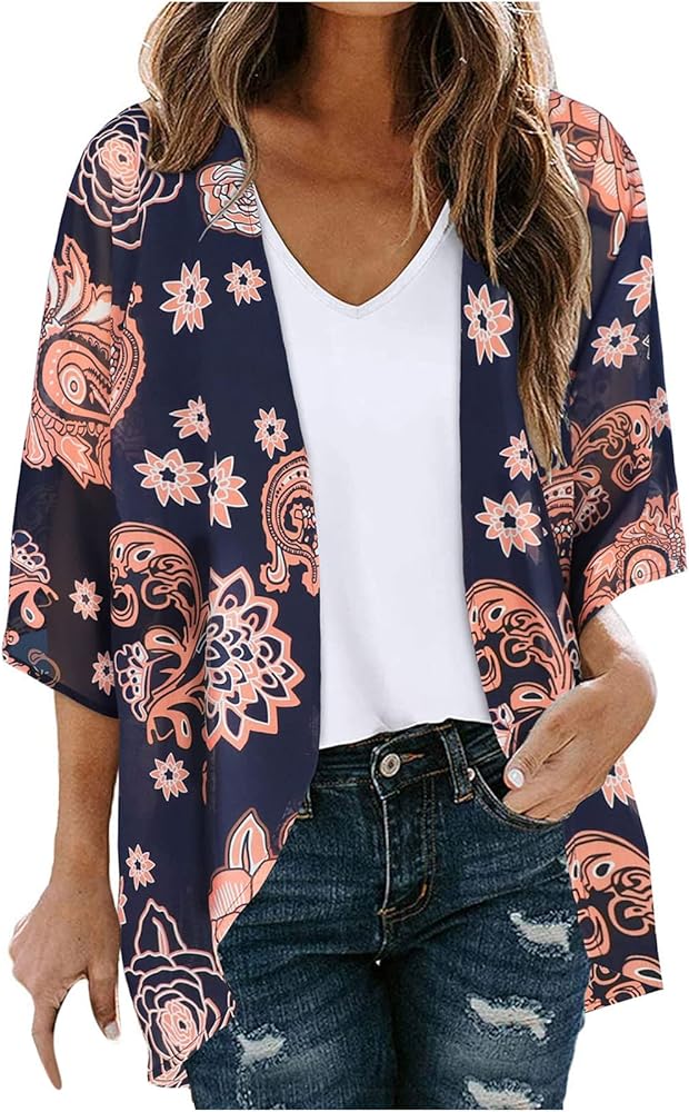 Stessotudo Kimonos for Women Floral Print Short Sleeve Beach Cardigans Open Front Lightweight Chiffon Casual Trendy Cardigan