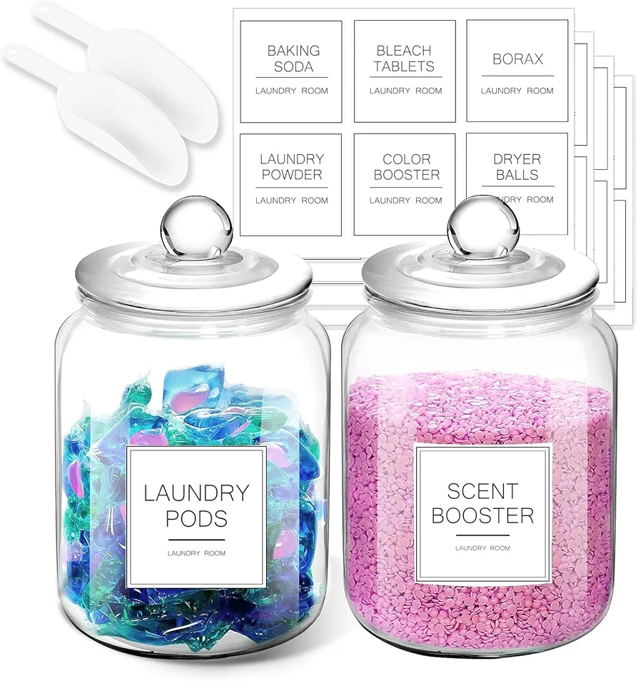 Laundry Pods Glass Jars - Half Gallon Airtight Containers with Scoop and Labels for Organization and Storage Laundry Room Detergents Powder, Scent Booster Beads Holder, Set of 2