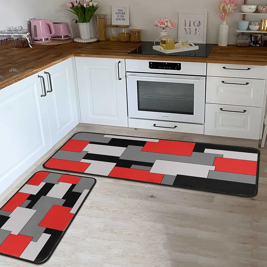 Kitchen Rugs Set of 2- Red, Black, and Grey Modern Geometric Non-Slip Washable Floor Mats - Comfort Sink and Laundry Room Runner - Contemporary Abstract Art Design Decor 17x47.2 and 17x30 inches