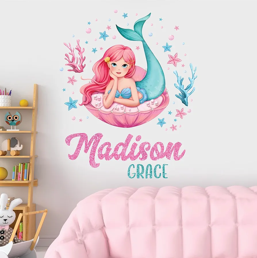 Personalized Mermaid Name Wall Decal for Girls Room - Little Mermaid Tail Wall Art Nursery Sticker - Baby Custom Glitter Letters Wall Stickers - Girl Mermaids Wall Decor Art Mural Vinyl Sticker