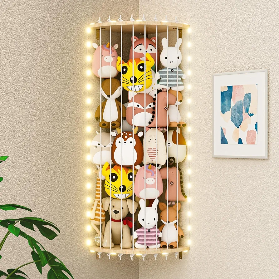 Wood Stuffed Animal Storage Corner Cage, Large Stuffed Animal Holder with Led Light & Adjustable Length, Nursery Wall Hanging Plush Toy Stuffed Animal Zoo Organizer for Kids Room Bedroom