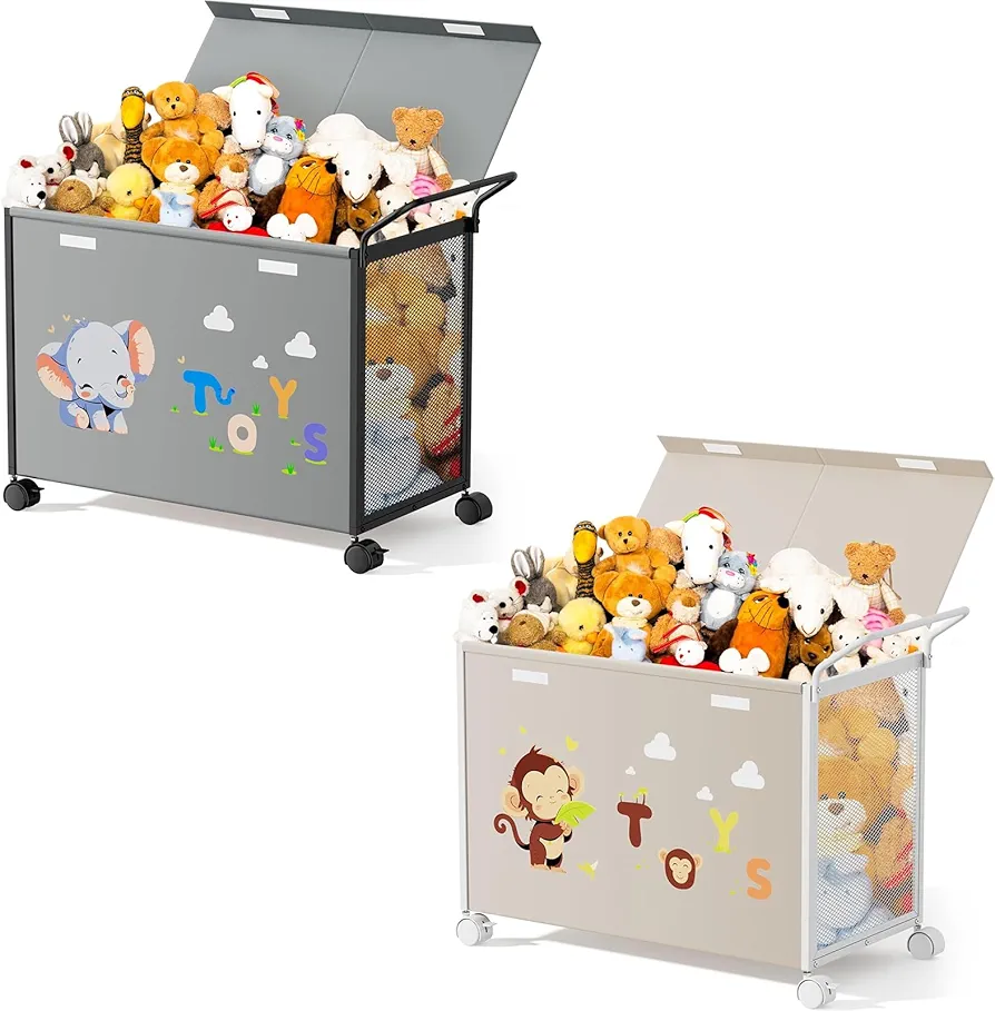 Toy Box Toy Storage - 72L Kids Toy Organizer with Wheels Toy Chest Storage Bins with Lids, Toy Boxes for Girls Boys, Stuffed Animals, Clothes, Bedroom, Living Room(Elephant & Monkey)