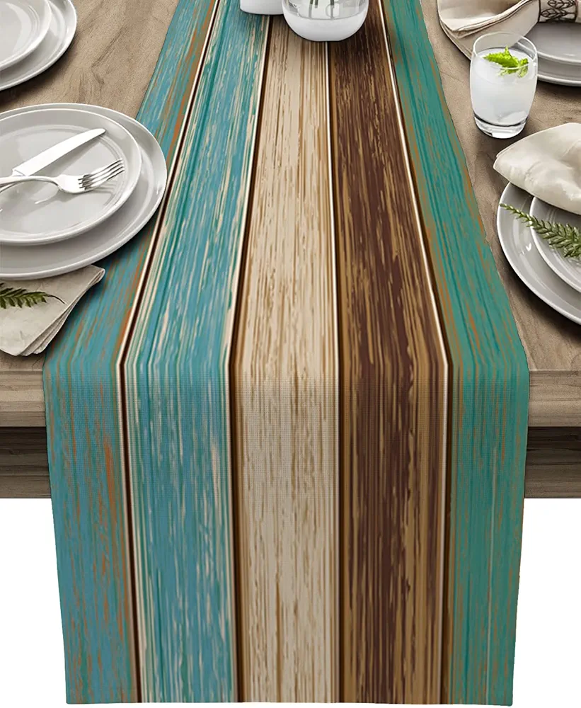 Farmhouse Table Runners 72 Inches Long,Rustic Teal Table Runner Turquoise Blue Green Brown Wood Striped Cotton Linens Burlap Dresser Scarves Table Decor for Kitchen Dining Room Coffee Table