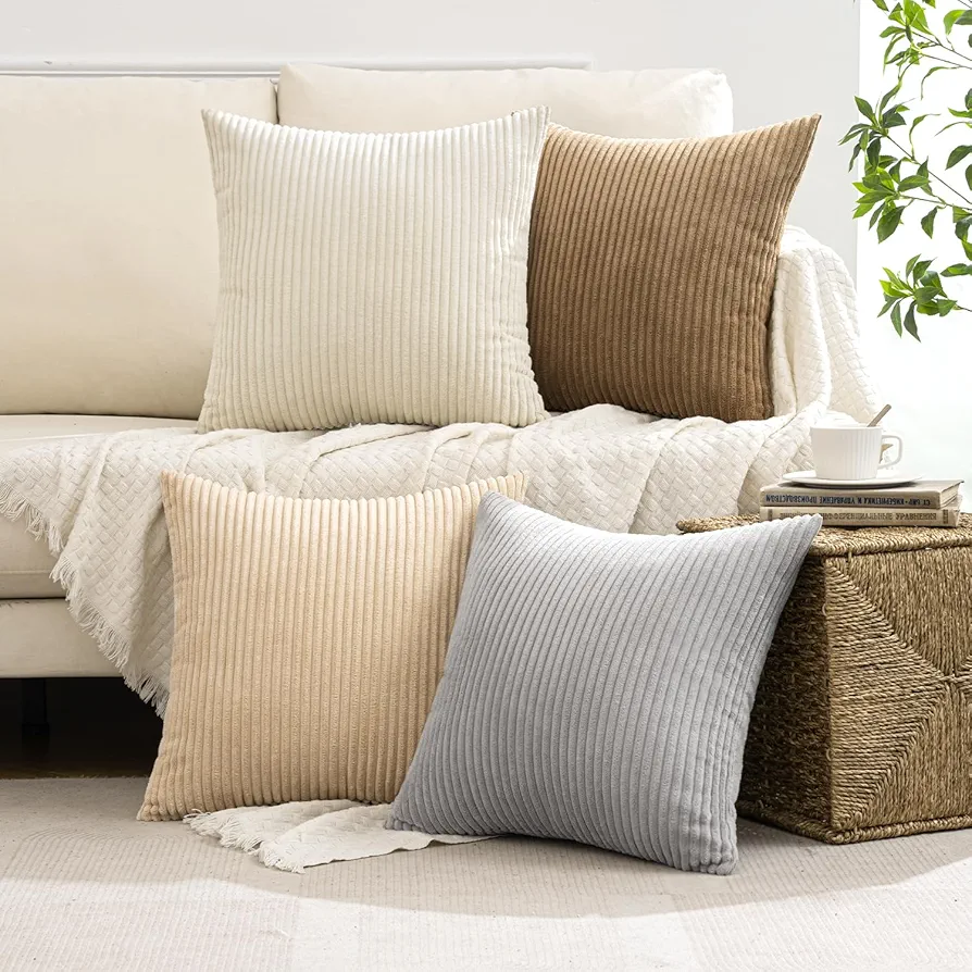 MIULEE Pack of 4 Neutral Corduroy Decorative Throw Pillow Covers 18x18 Inch Soft Boho Striped Pillow Covers Modern Farmhouse Home Decor for Sofa Living Room Couch Bed