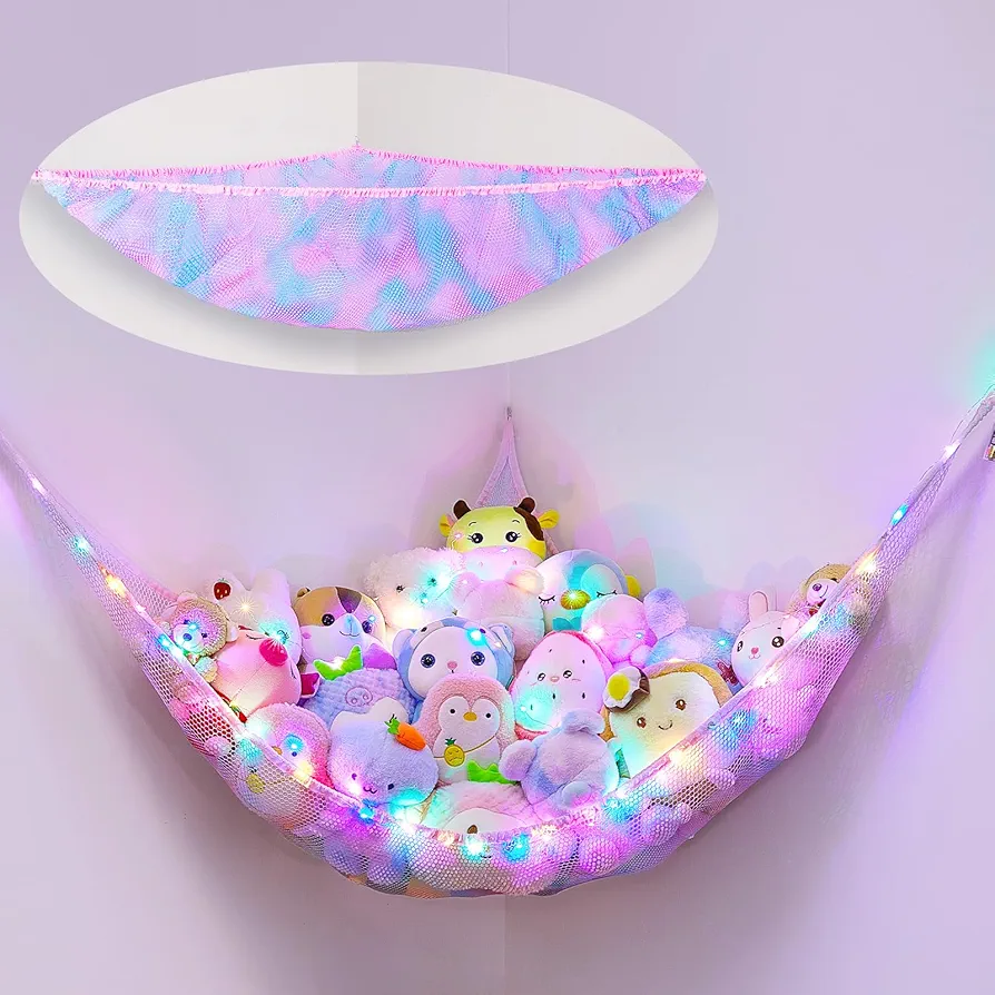 Stuffed Animals Hammock Corner with LED Light Toy Storage Organizer Toy Hammock Net for Stuffed Animals Storage for Girls Kids Room Wall Decor, Blue Purple