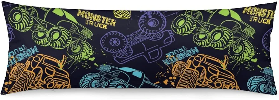 Kids Body Pillow Cover with Zipper Colorful Car Body Pillowcase 20x54 inch Long Pillow Cases for Body Pillows Monster Truck Bedroom Decor for Boys