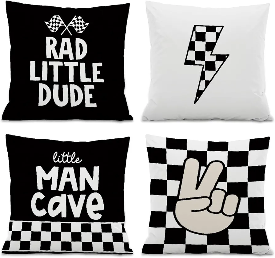 Rad Little Dude Throw Pillow Covers,Retro Preppy Buffalo Plaid Peace Decorate Pillow Covers for Boy Teen Room Dorm,Teen Boys Gifts 18x18 Inch Pillowcase Set of 4