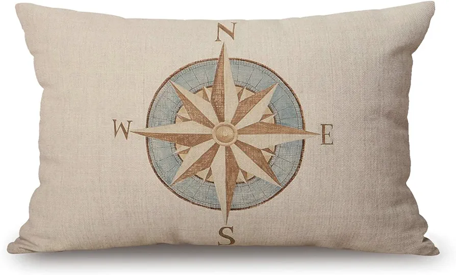 Nautical Compass Pillow Covers 12" x 20" Lumbar Pillow Covers Home Decorative Cotton Linen Cushion Case for Sofa Couch Housewarming Gifts Family Room Décor