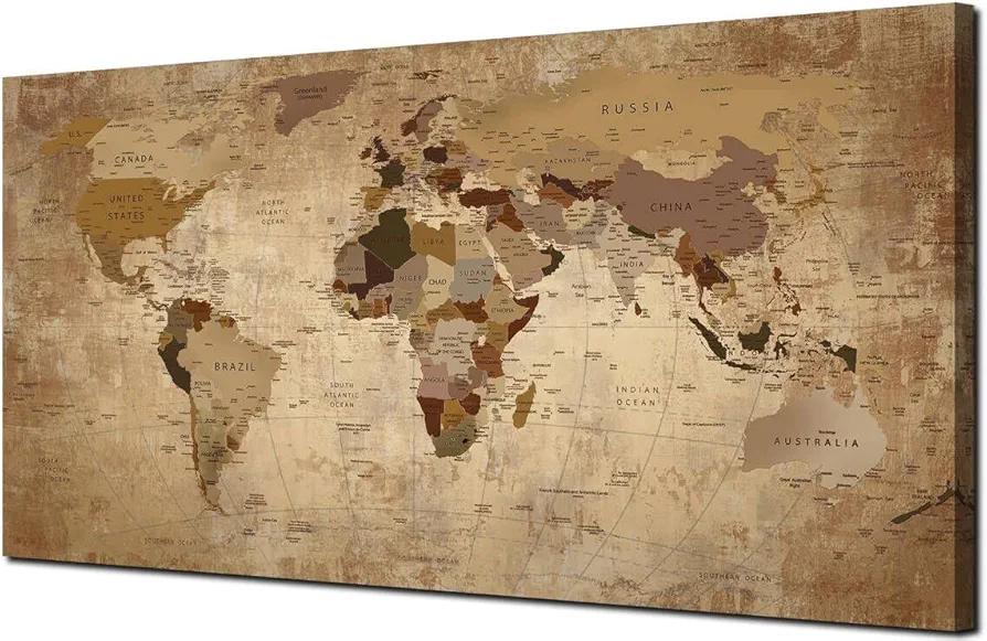 Acocifi Canvas Wall Art World Map Print Beige Map Painting Retro Abstract Map Vintage Old Nautical Map Picture Frame Wrapped Canvas Artwork for Living Room Bedroom Room Home Office Large Decor 40"x20"