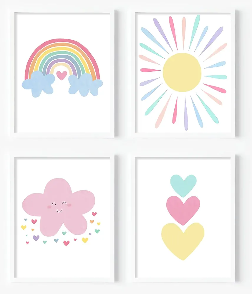 Pink Nursery Wall Art Prints Baby Girl Canvas Rainbow Pastel Wall Decor Boho Pink Cloud Colorful Sunshine Hearts Wall Art for Toddler Girls Baby Kids Room Decor,Set of 4(8x10inch,Unframed).