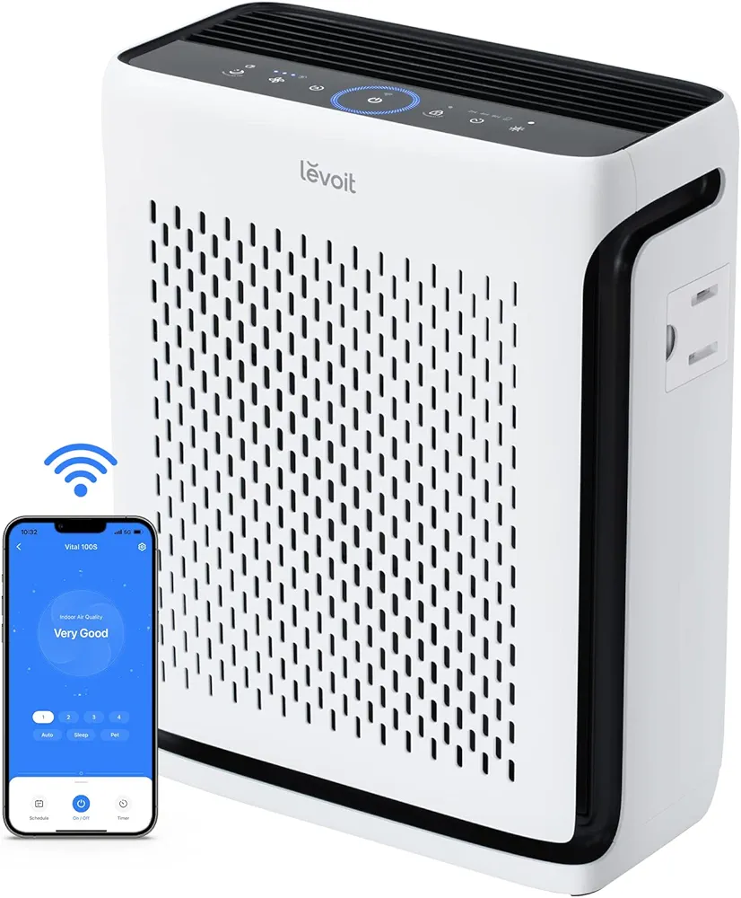 LEVOIT Air Purifiers for Home Large Room Bedroom Up to 1110 Ft² with Air Quality and Light Sensors, Smart WiFi, Washable Filters, HEPA Sleep Mode for Pets, Allergies, Dust, Pollon, Vital 100S-P, White