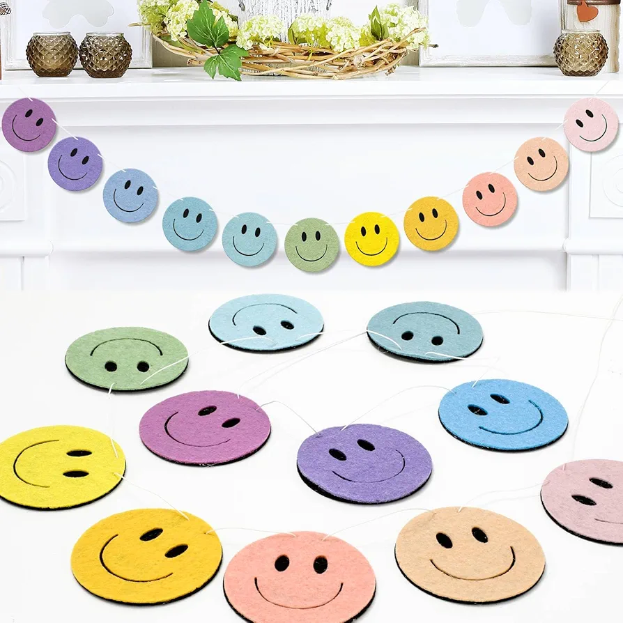 Boho Happy Face Felt Banner Pastel Smile Face Garland Motivational Bunting Garland for Classroom Home Office Hanging Decoration