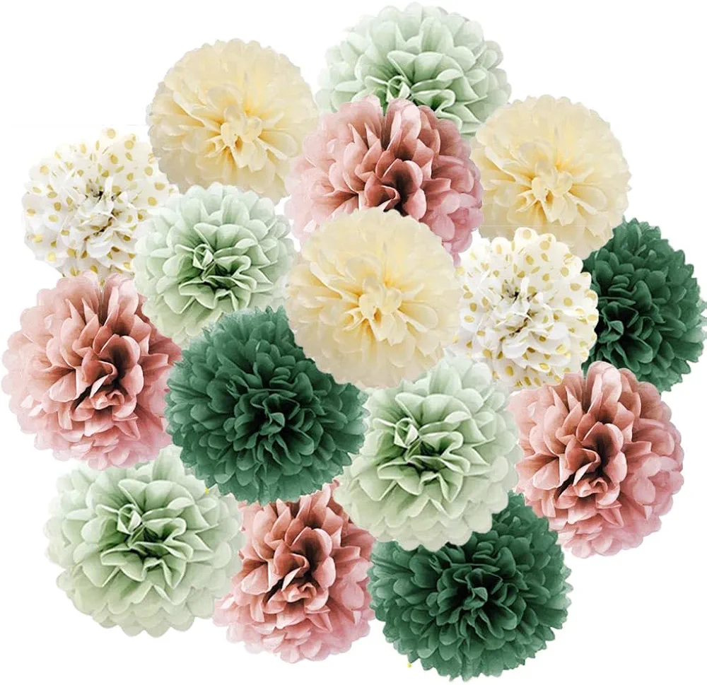 16pcs Dusty Rose Olive Sage Green Tissue Paper Pom Poms Flowers Sage Green Dusty Pink Party Decorations for Bridal Shower Baby Shower Rustic Wedding Birthday Engagement Party Decorations