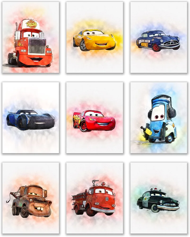 Cars Movie Poster Prints - Set of 9 (8 inches x 10 inches) Watercolor Photos - Lightning McQueen Tow Mater Doc Hudson Jackson Storm Cruz Ramirez