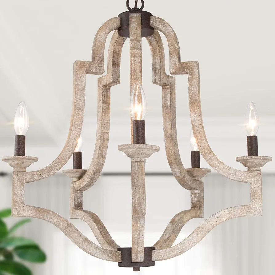 Farmhouse Chandeliers for Dining Room, Rustic Wood Chandelier Lighting Fixture, 5-Light French Country Chandelier for Kitchen Island, Living Room, Bedroom and Entryway