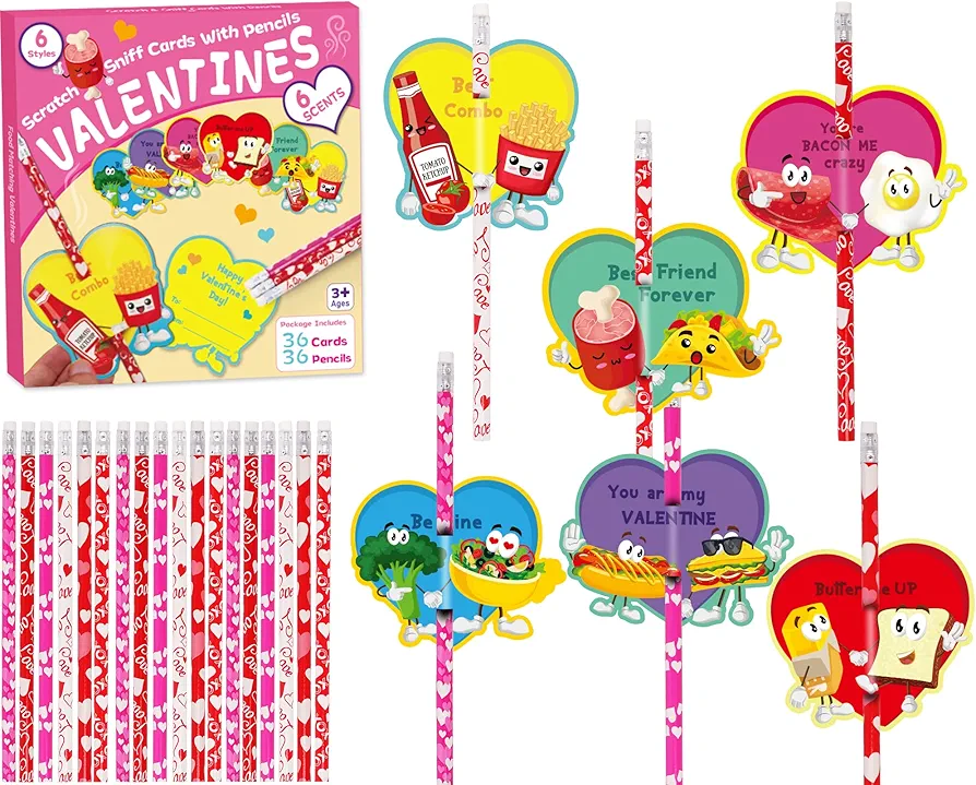 72 Pcs Valentine's Day Scratch & Sniff Pencil Toppers Cards Set for Kids, Valentines Gift Toppers Cards with 36 Pencils for School Exchange Presents Teacher Prizes Student Classroom Party Favors