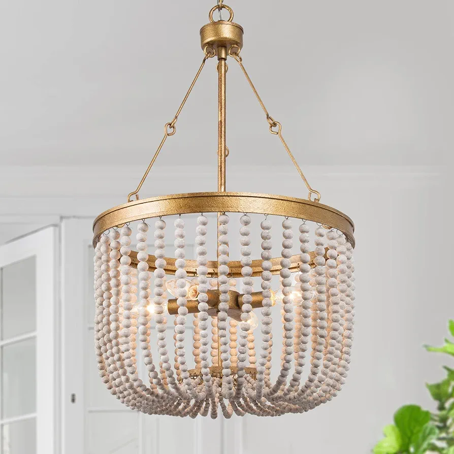 Antique Gold Chandelier, Coastal Wood Bead Chandelier, 4-Light Boho Dining Room Hanging Fixture for Kitchen, Foyer and Bedroom