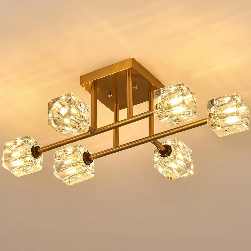 Modern Semi Flush Mount Ceiling Light Fixture Modern Gold Luxury Crystal Ceiling Lighting Modern 6-Lights Crystal Golden Ceiling Light for Dining Room, Laundry Room, Kitchen, G9