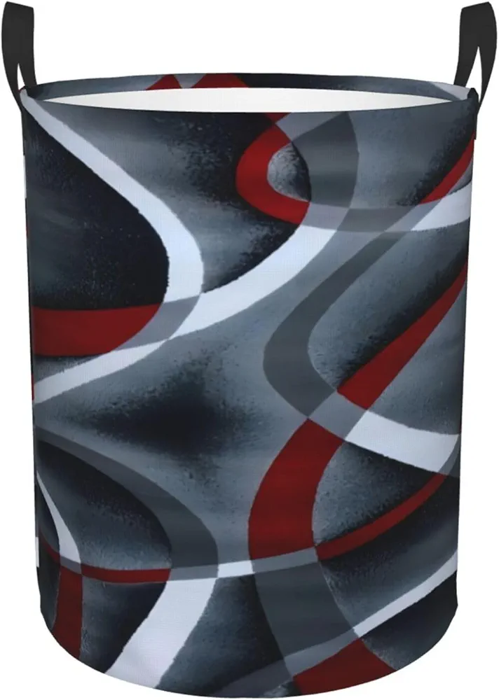 Gray Black Red White Swirl Geometric Pattern Dirty Clothes Basket, Foldable Laundry Basket, Storage Bucket For Bedroom, Bathroom And Laundry Room