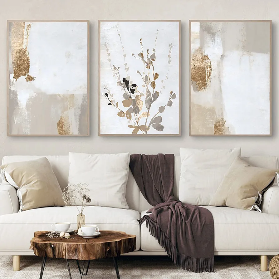 Beige Abstract Canvas Painting Wall Art Living Room Gold and Beige Flower Abstract Wall Art Neutral Abstract Canvas Art Print Beige Abstract Picture Neutral Botanical Prints Wall Decor 16x24inx3