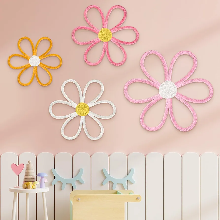 Boho Nursery Decor Woven Daisy Flowers Daisy Wall Decor Daisy Nursery Decor Macrame Wall Hanging Nursery Decor for Girl Bohemian Home Bedroom Room Wall Art Flowers Set of 4 (6 Petals)