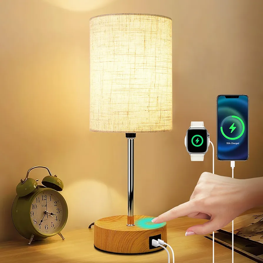 Bedside Touch Table Lamp with USB-C USB-A Charging Ports, Wood Base Round Linen Fabric Shade 3 Way Dimmable Small Nightstand Lamp for Bedroom, Living Room, Office Desk, LED Bulb Included