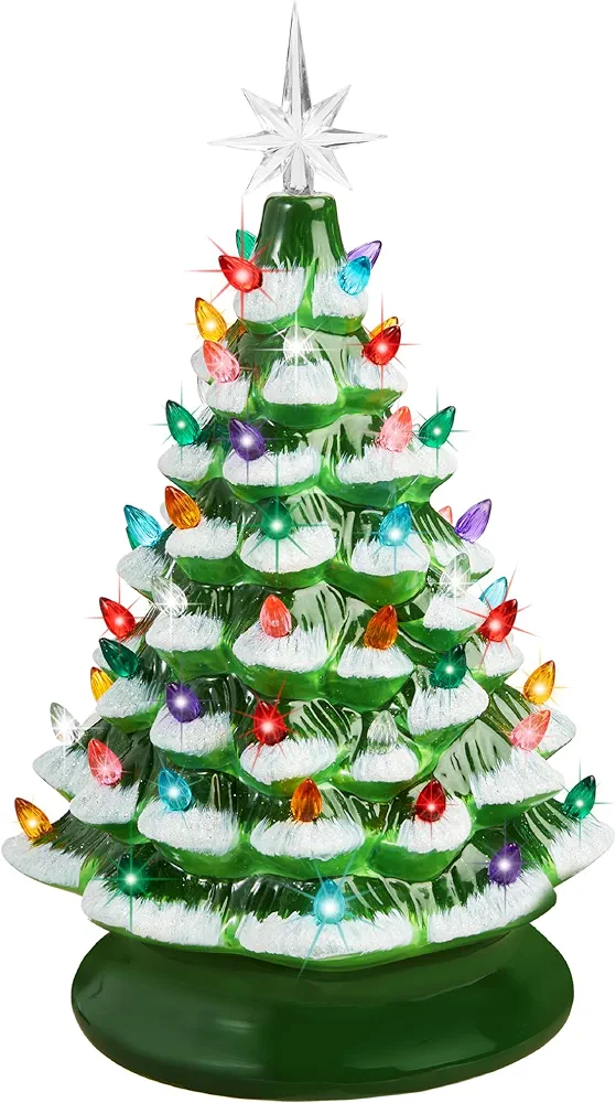 Best Choice Products 15in Ceramic Christmas Tree, Pre-lit Hand-Painted Tabletop Holiday Tree, 2 Star Toppers, 64 Lights - Flocked w/Multicolored Bulbs