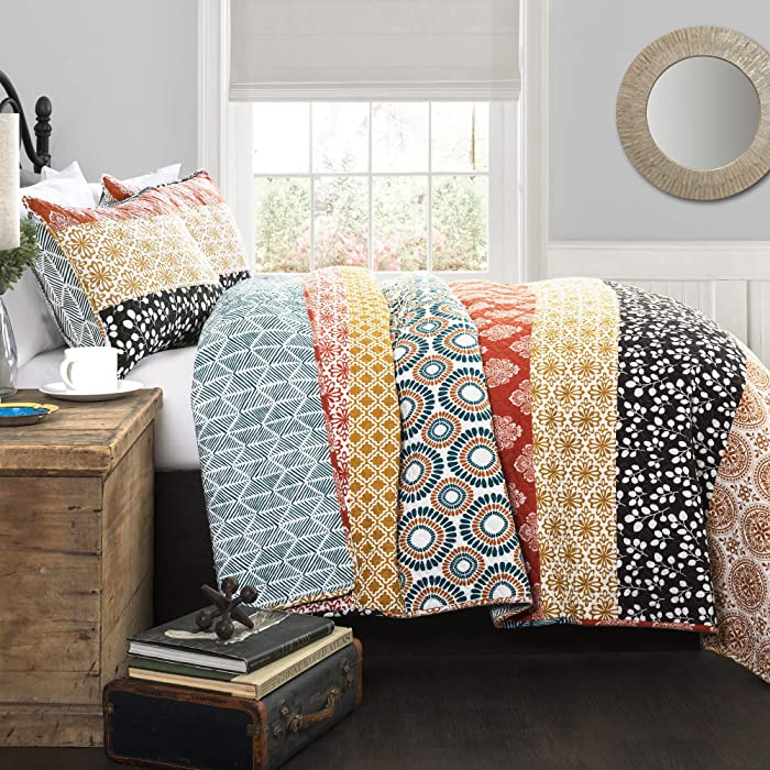 Lush Décor Bohemian Striped Quilt Reversible 3 Piece Bedding Set, King, Turquoise