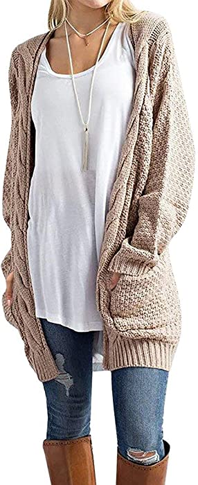 GRECERELLE Women's Loose Open Front Long Sleeve Solid Color Knit Cardigans Sweater Blouses with Pockets