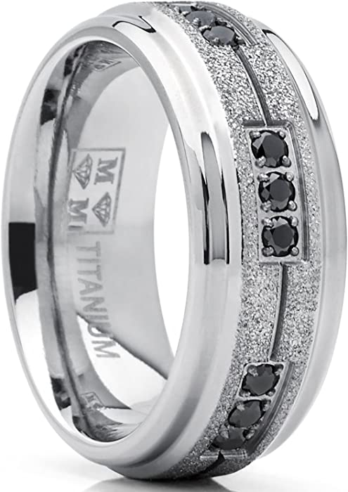 Men's Women's Titanium Black Trinity Cubic Zirconia Ring Wedding Band with Shimmer Finish 8mm Comfort Fit