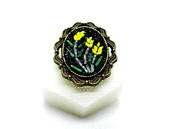 Handmade Natural Stone Mosaic Ring Tulip Flowers Patterned Antique Colored Jewelery With An Elegant Frame