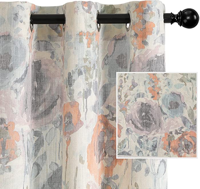 Sheer Curtains Flax Linen Blend Drapery Light Reducing Window for Living Room Curtains Vintage Floral Printed Pattern Drapes with Grommets for Kids Room, 2 Panel, 52 x 84 Inch, Purple and Natural