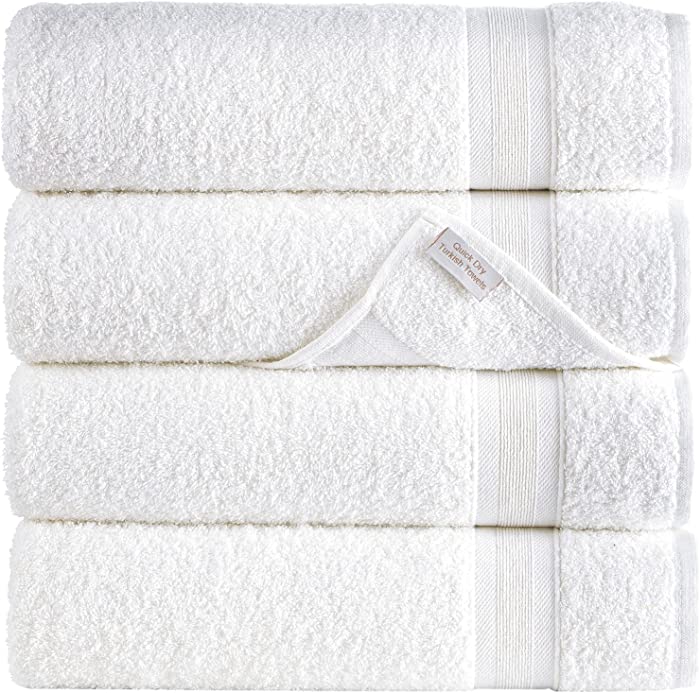 White Bath Towels 27" x 54" Quick-Dry High Absorbent 100% Turkish Cotton Lightweight Towel for Bathroom, Guests, Pool, Gym, Camp, Travel, College Dorm, Shower (White, 4 Pack Bath Towel)